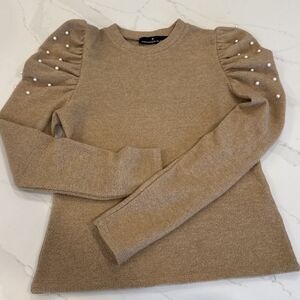 Pomander Place Tuckernuck Pearl Puff Sleeve Sweater Women's Size XS Tan Pullover